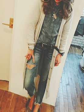 「Ungrid（アングリッド）のフレイドヘムストスリ（デニムパンツ）」を使った、Misato Shintamiさん（レディース・166cm）の春コーディネート