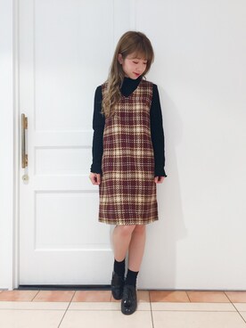 「チェックワンピース」｜「アイテム（ノーカラージャケット）」を使った、erina 🌿さん（レディース・153cm）の秋コーディネート