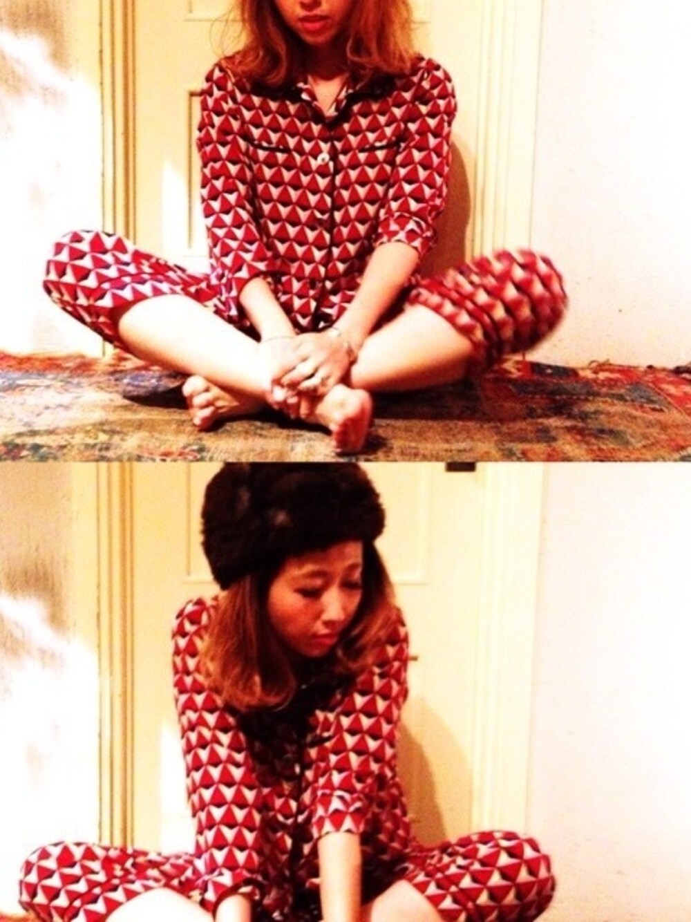 「MARCOMONDE、silk、pajama、gotoHollywood、chimo」｜「MARCOMONDEのアイテム（シャツ/ブラウス、レッド系）」を使った、chimoさん（レディース・170cm）の秋コーディネートの1枚目の写真