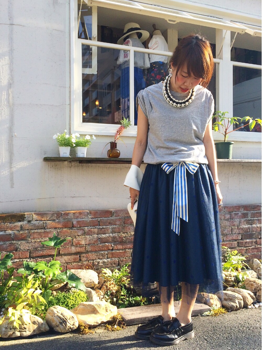 「gotoHollywood、chimo、ワンピース、チュールスカート」｜「GO TO HOLLYWOODのアイテム（ワンピース、グレー系）」を使った、chimoさん（レディース・156cm）の春コーディネートの1枚目の写真