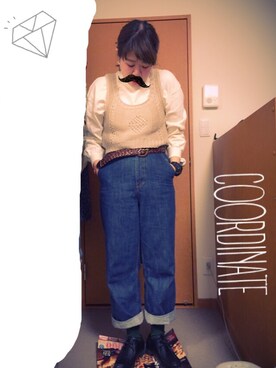 「古着のアイテム（ニット/セーター、ベージュ系）」を使った、いしりなさん（レディース・160cm）の冬コーディネート