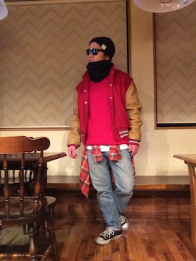 「クリスマス」｜「アイテム（スタジャン）」を使った、Hiroki Matsudaさん（メンズ・165cm）の冬コーディネート