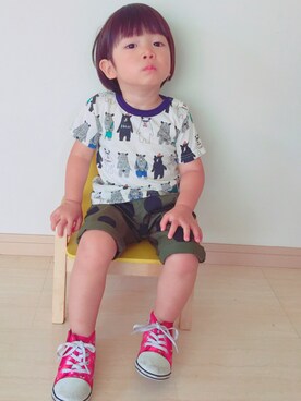 「futafutaのアイテム（Tシャツ/カットソー、ホワイト系）」を使った、ykt☺︎☺︎さん（キッズ・90cm）の夏コーディネート
