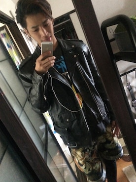 「ハーフパンツ」｜「アイテム（ライダースジャケット）」を使った、たいちゃんさん（メンズ・178cm）の秋コーディネート