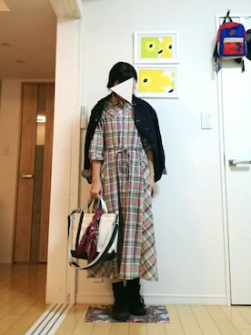 「チェックワンピース」｜「アイテム（デニムジャケット）」を使った、maroさん（レディース・156cm）の秋コーディネート