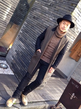 「NO ID.（ノーアイディ）のアイテム（チェスターコート）」を使った、H.wardrobeさん（メンズ・170cm）の冬コーディネート