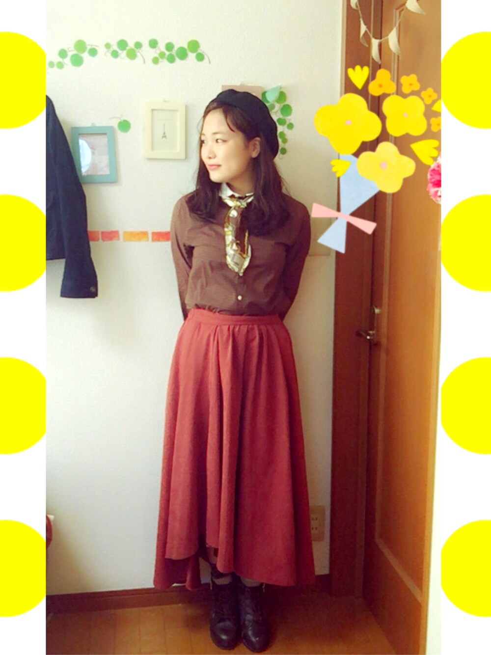 「INGNIのアイテム（スカート、レッド系）」を使った、Nさん（レディース・152cm）の冬コーディネートの1枚目の写真