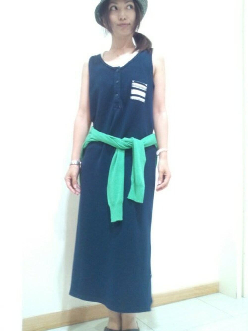 「McGREGOR CLASSICの１６／－鹿の子タンクワンピース（ワンピース、ブルー系）」を使った、K.Kさん（レディース・153cm）の夏コーディネートの1枚目の写真