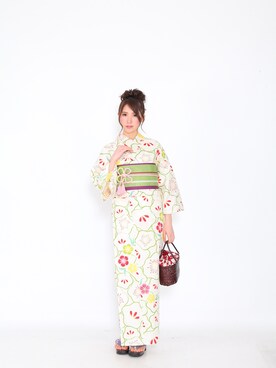 「アイテム（浴衣、グリーン系）」を使った、ゆかた館グレースさん（レディース・164cm）の秋コーディネート