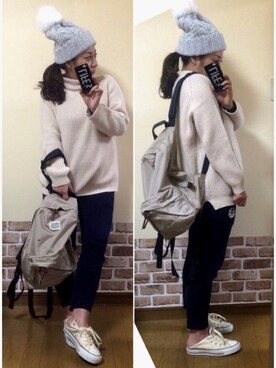 「PLAIN CLOTHING（プレーンクロージング）のアイテム（ニットキャップ/ビーニー）」を使った、chanmikeyさん（レディース・155cm）の冬コーディネート