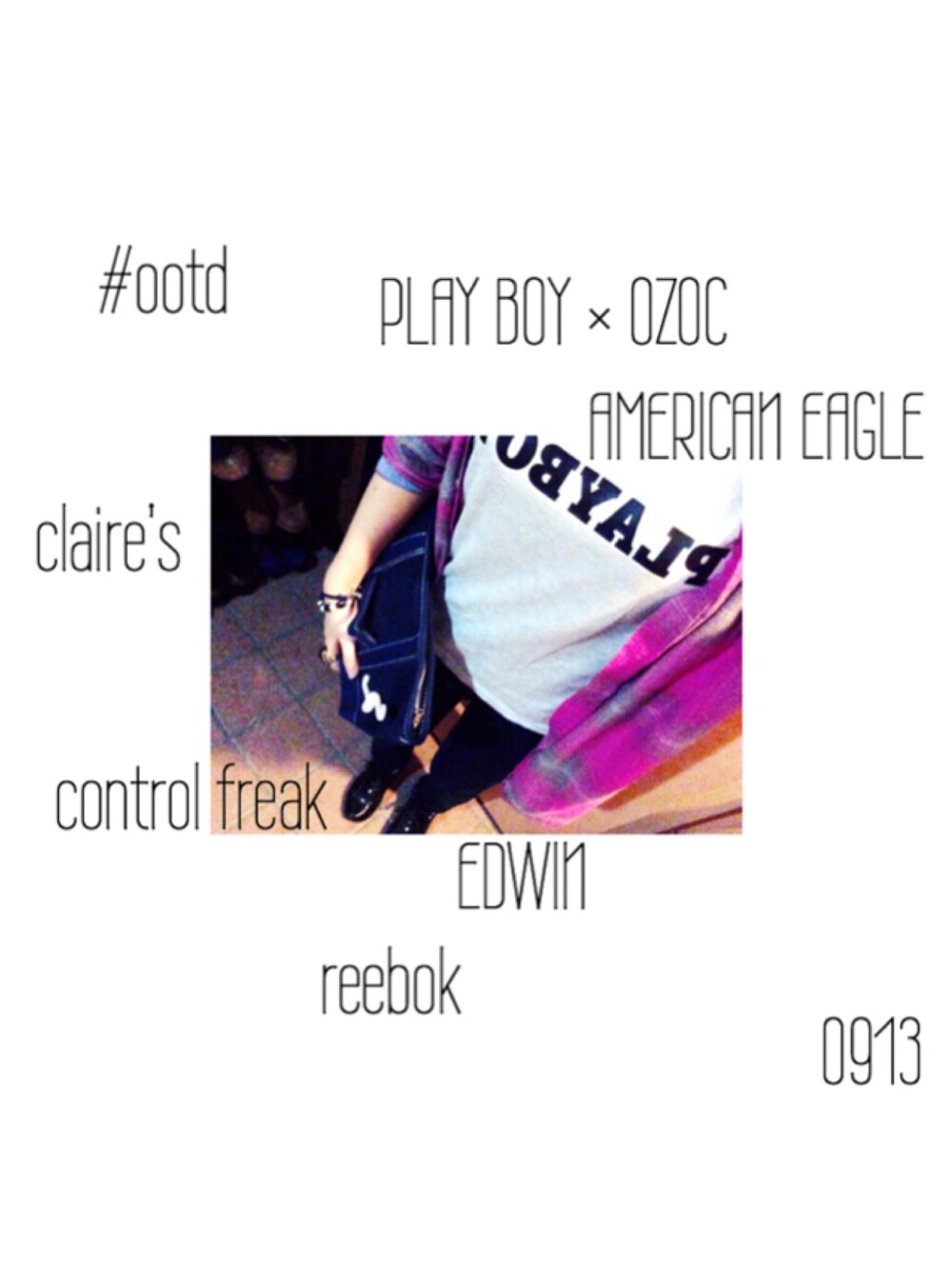 「ootd、outfit、outfitoftheday、American Eagle、EDWIN、PLAYBOY、reebok、claire's、clutchbag」｜「CONTROL FREAKのアイテム（クラッチバッグ、ブルー系）」を使った、\ mäu /さん（レディース・158cm）の秋コーディネートの1枚目の写真