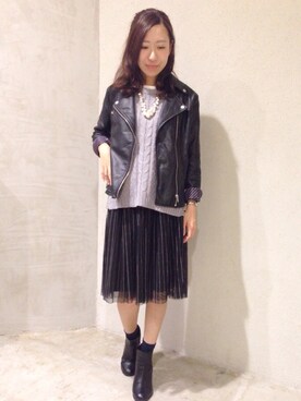 「AS KNOW AS PINKY（アズノゥアズピンキー）のアイテム（ライダースジャケット）」を使った、オカダさん（レディース・155cm）の秋コーディネート