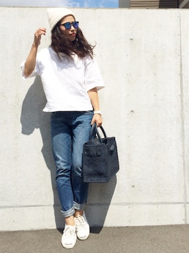 「SEA（シー）のネイビーカゴバッグM（かごバッグ）」を使った、NANAさん（レディース・161cm）の秋コーディネート