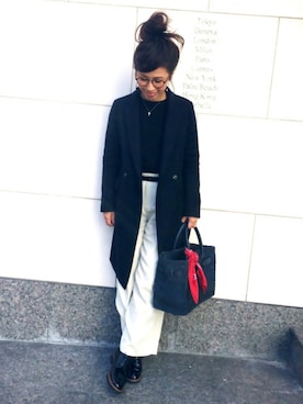 「SEA（シー）のネイビーカゴバッグM（かごバッグ）」を使った、NANAさん（レディース・161cm）の冬コーディネート