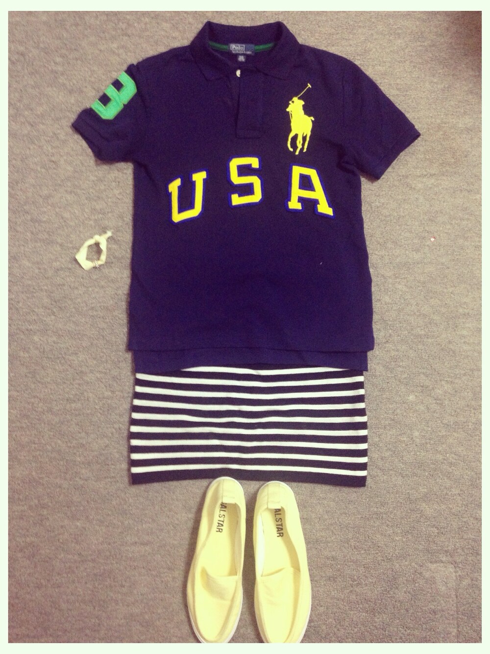 「yellow、navy、Polo Ralph Lauren」｜「POLO RALPH LAURENのアイテム（Tシャツ/カットソー、その他）」を使った、❥❥ M i y uさん（レディース・157cm）の夏コーディネートの1枚目の写真