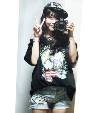 「アイテム（Tシャツ/カットソー、ブラック系）」を使った、jungさん（レディース）の夏コーディネート