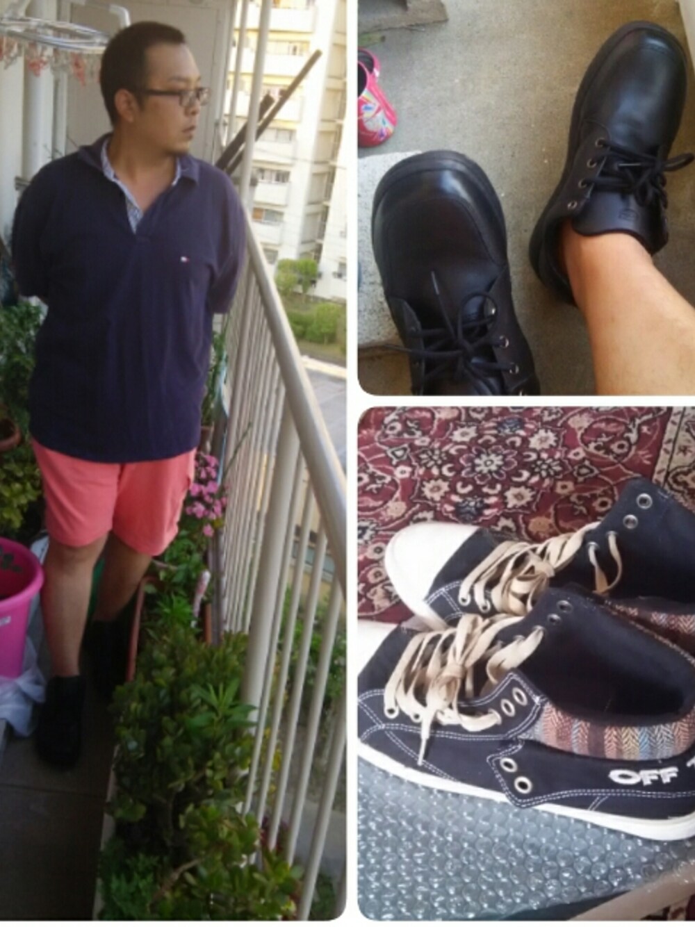 ブラック系のポロシャツ、ブラック系のシューズ、ブラック系のスニーカーを着用したメンズの春コーディネートの1枚目の写真