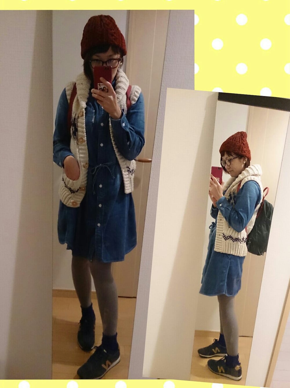 「デニムワンピース、ニット帽、眼鏡、ノルディック柄、スニーカー」｜「BLUE BLUEのアイテム（シャツワンピース、ブルー系）」を使った、junさん（レディース・163cm）の冬コーディネートの1枚目の写真