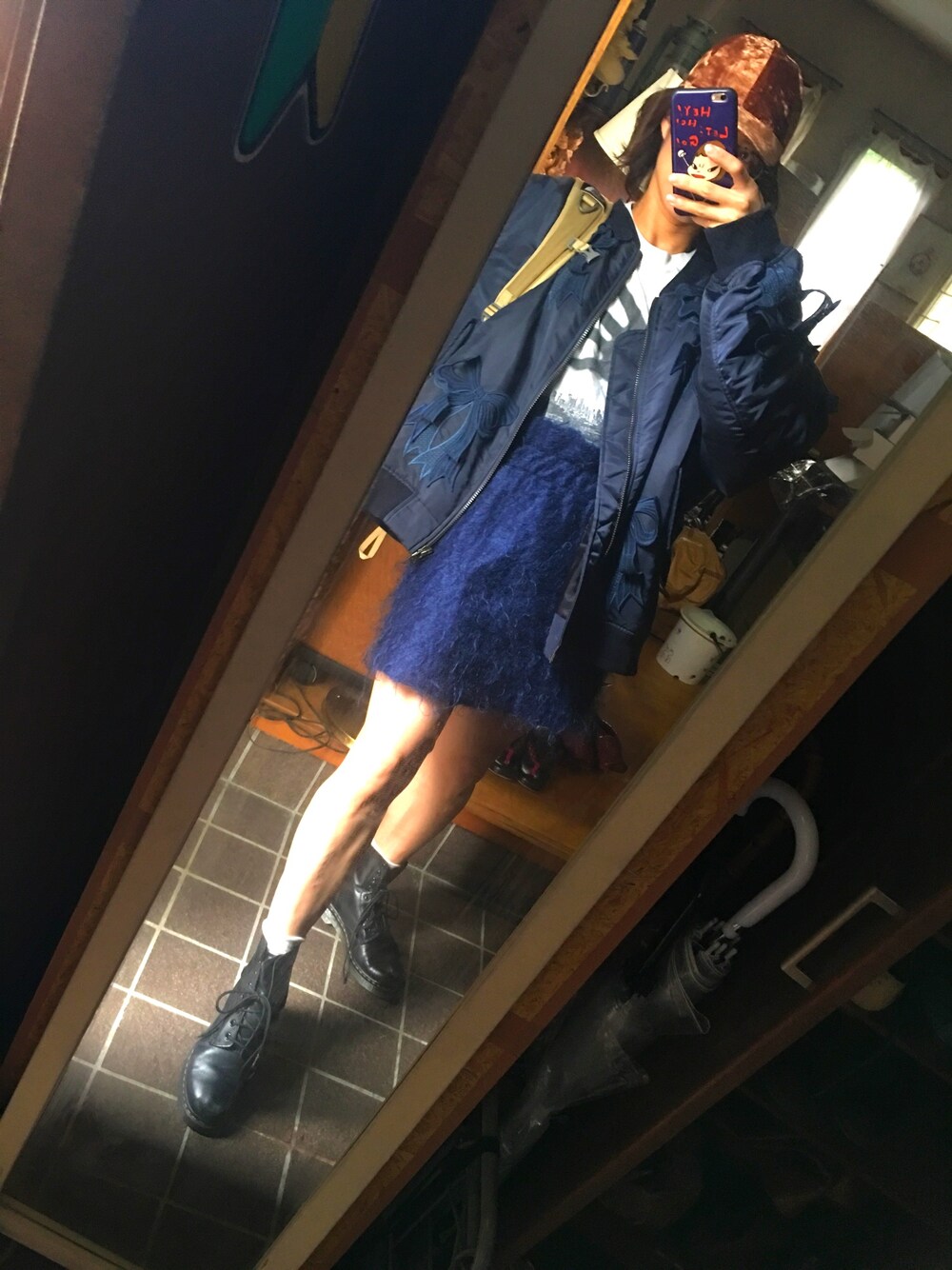 「MA1、まだどう着たらいいかわからない、モヘヤ、涼しい」｜「MIKIO SAKABEのアイテム（ナイロンジャケット、ブルー系）」を使った、chokukoさん（レディース・159cm）の秋コーディネートの1枚目の写真