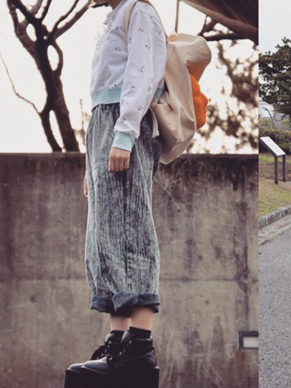 「hokuro、スピンズ、個性派、個性的、個性、厚底シューズ」｜「hokuroのホクロ   トップス（その他トップス、ホワイト系）」を使った、きょん ( Kyon )さん（レディース・154cm）の春コーディネートの1枚目の写真