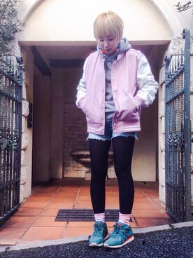 「BURKS BULL（バークスブル）のカラーツイルスタジャン（スタジャン、ピンク系）」を使った、sakiさん（レディース・158cm）の冬コーディネート