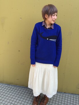 「BURKS BULL（バークスブル）のクジラクルーニット（ニット/セーター、ブルー系）」を使った、sakiさん（レディース・158cm）の冬コーディネート