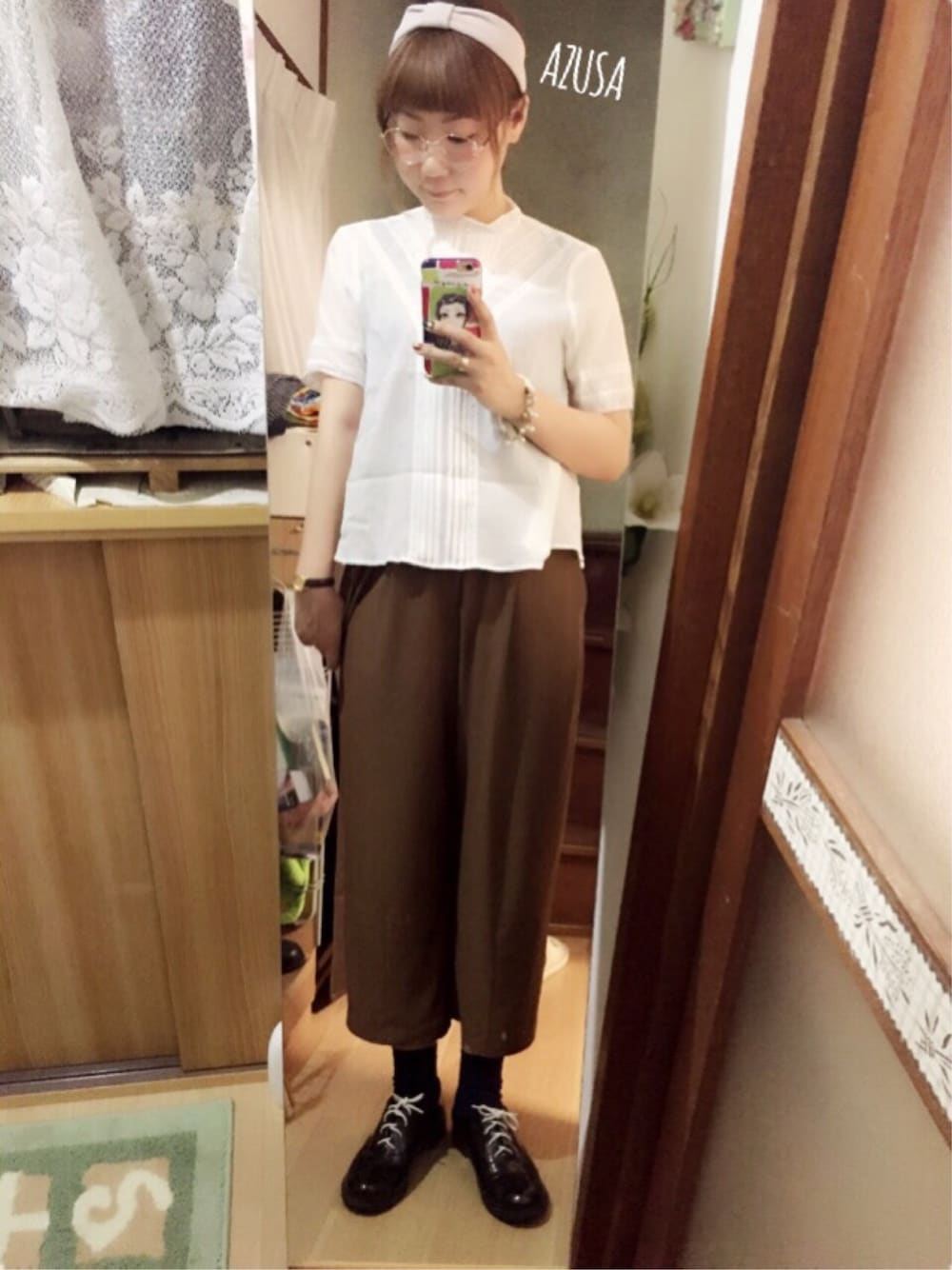 「ブラウス、レース、GU、ワイドパンツ、エナメルシューズ、ヘアバンド、パールアクセ、CASIO、カジュアル、ZOZO夏セール2015」｜「カシータのアイテム（その他シューズ、ブラック系）」を使った、アズ☺︎さん（レディース・159cm）の夏コーディネートの1枚目の写真