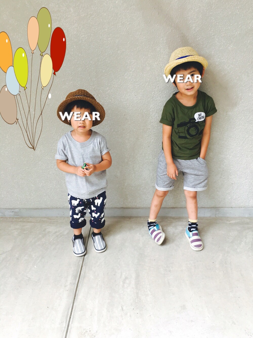 グレー系のスリッポン、グリーン系のTシャツ/カットソー、グレー系のその他パンツを着用したキッズの夏コーディネートの1枚目の写真