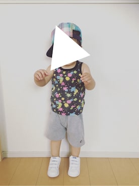 「H&M（エイチ・アンド・エム）のアイテム（キャップ、その他）」を使った、ohsey.daysさん（キッズ・90cm）の夏コーディネート