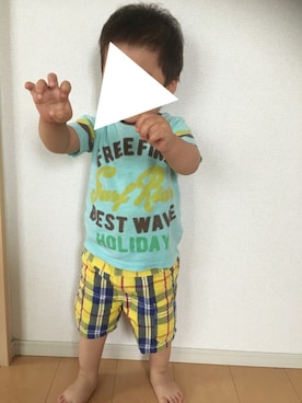 「西松屋（ニシマツヤ）のアイテム（その他、ホワイト系）」を使った、ohsey.daysさん（キッズ・90cm）の夏コーディネート