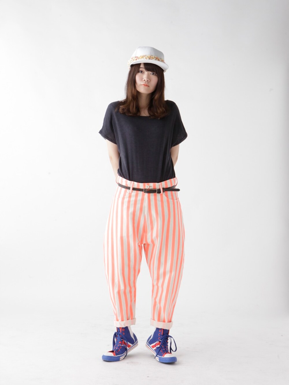 「キャップ、ストライプ、サルエルパンツ、2014ss、SALE、white、lady、フロノウェア、garbagine、・・・--」｜「knitted cap（キャップ、ホワイト系）」を使った、フロノウェア／fro・nowhereさん（レディース・163cm）の夏コーディネートの1枚目の写真