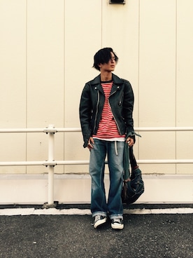 「KAPITAL」｜「アイテム（ライダースジャケット）」を使った、服部大海さん（メンズ・170cm）の秋コーディネート