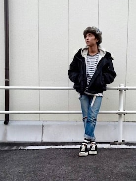 「SASQUATCHfabrix.（サスクワァッチファブリックス）のアイテム」を使った、服部大海さん（メンズ・170cm）の冬コーディネート