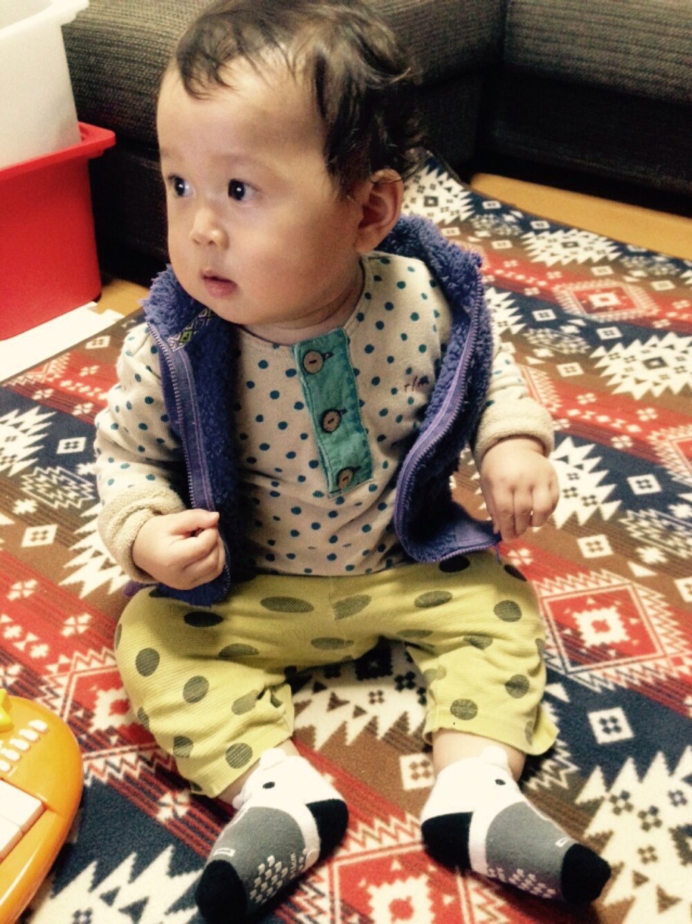 「息子、1歳、息子コーデ、お散歩コーデ、赤ちゃん」｜「UNIQLOのアイテム（その他アウター、パープル系）」を使った、youさん（キッズ・90cm）の秋コーディネートの1枚目の写真