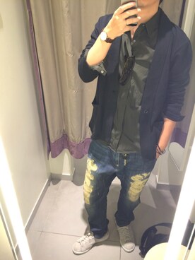 「インディゴデニム」｜「アイテム（財布/小物）」を使った、きつね顔さん（メンズ・173cm）の春コーディネート