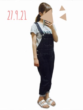 「ビルケン風サンダル」｜「アイテム（オールインワン・サロペット）」を使った、saori○°さん（レディース・152cm）の秋コーディネート