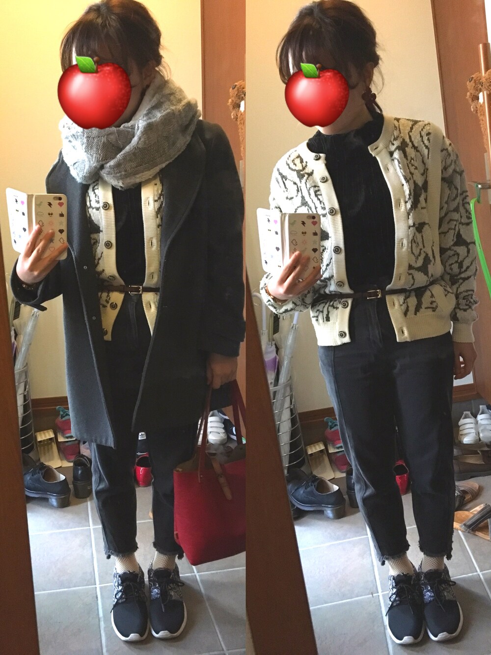 「休日スタイル、カーディガン、ベルトマーク、古着MIX、きりっぱなしデニム、モノトーン、差し色(赤)、チェスターコート、スヌード、スニーカー」｜「JEANASISのリバーシブルファースヌード/567903（ストール/ショール、ホワイト系）」を使った、めIさん（レディース・153cm）の冬コーディネートの1枚目の写真