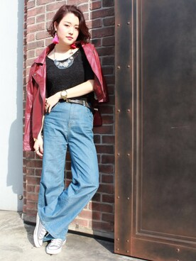 「Tシャツ×デニム」｜「アイテム（ライダースジャケット）」を使った、yukipiiさん（レディース・169cm）の春コーディネート