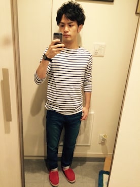 「赤い靴」｜「アイテム（スニーカー）」を使った、Ryo-jiさん（メンズ・161cm）の夏コーディネート