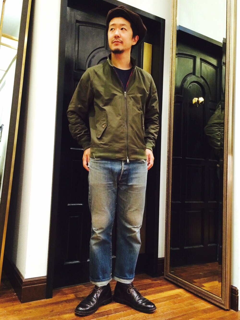 「BARACUTA、古着、ALDEN、FilMelange フィルメランジェ、hannahats、スウィングトップ」｜「ALDENのアイテム（ブーツ、ブラウン系）」を使った、そわじゅんいちさん（メンズ・175cm）の夏コーディネートの1枚目の写真