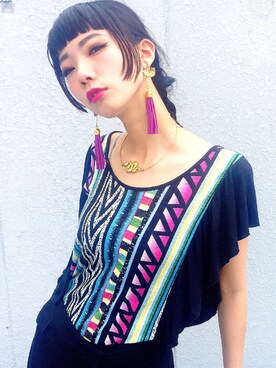 「アイテム（アクセサリー、パープル系）」を使った、弓さん（レディース・163cm）の夏コーディネート