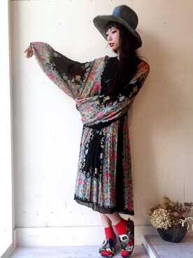 「ツバ広ハット」｜「アイテム（チュニック）」を使った、弓さん（レディース・163cm）の夏コーディネート