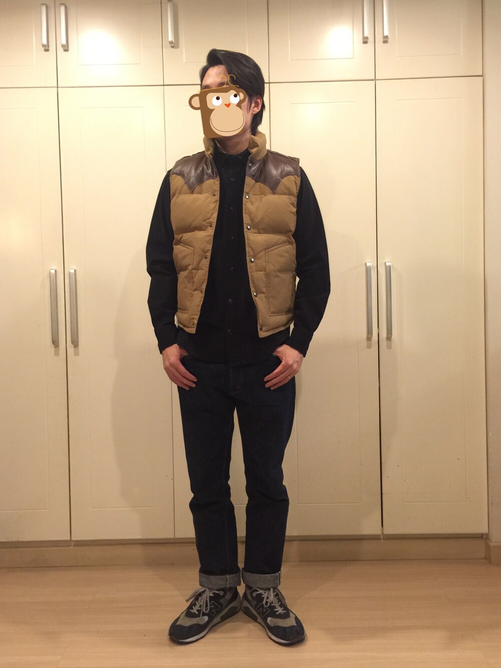 「orSlowの【orSlow(オアスロウ)】IVY FIT JEANS(ONE WASH)（デニムパンツ、ブルー系）」を使った、张先生さん（メンズ・179cm）の冬コーディネートの1枚目の写真
