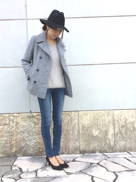 「ヘアリーニット」｜「アイテム（ピーコート）」を使った、sayaさん（レディース・166cm）の秋コーディネート