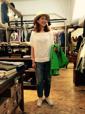 「リメイクデニム」｜「アイテム（ブルゾン）」を使った、YOSHIHARUさん（レディース・168cm）の春コーディネート