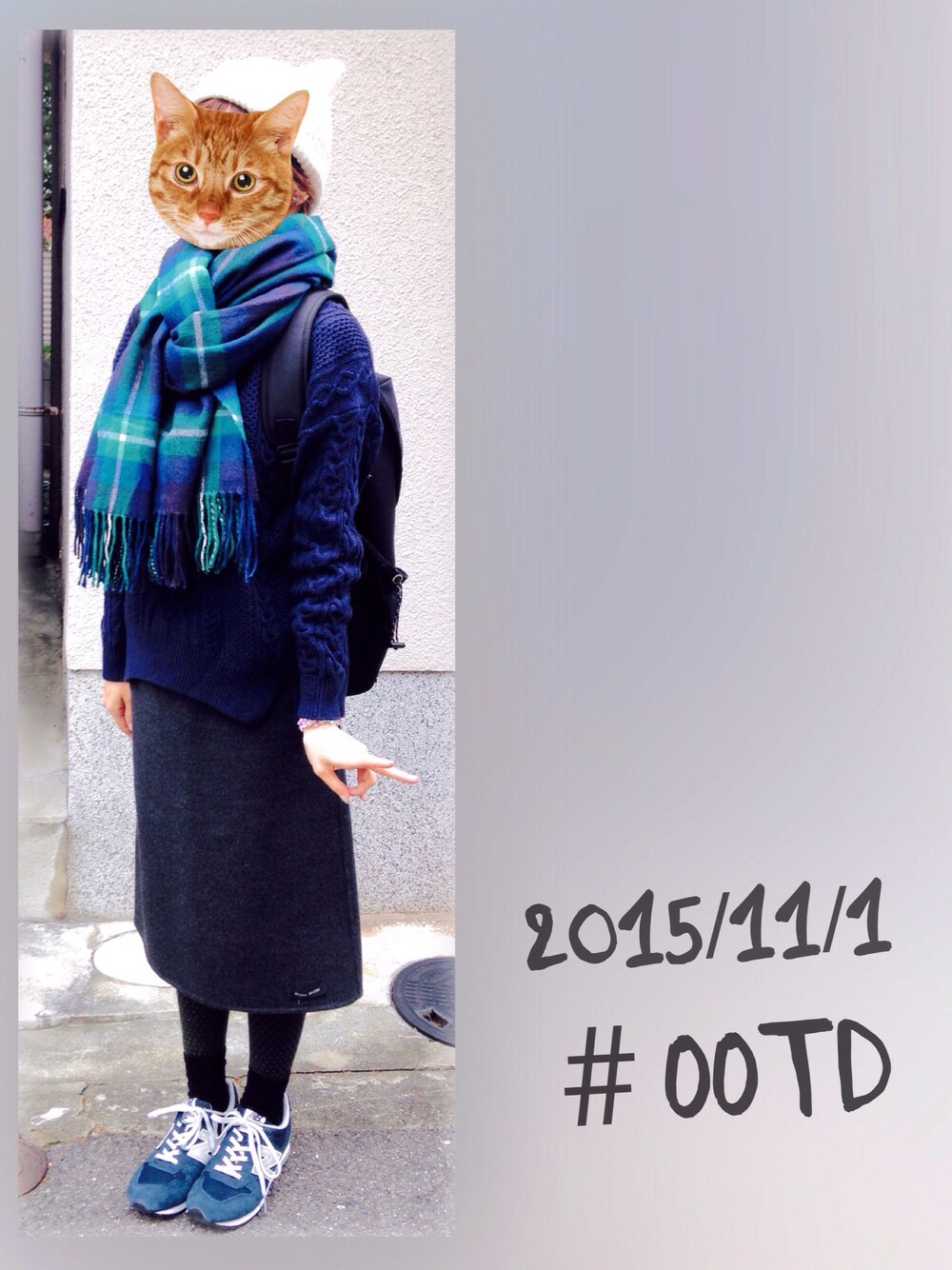 「ootd、outfit、JEANASiS、New Balance、GLOBAL WORK、TSUMORI CHISATO、チェック、アキコーデ、さむい、11月」｜「JEANASISの5GダブルネックケーブルプルオーバーLS/705624（ニット/セーター、ブルー系）」を使った、ふくまるこさん（レディース・163cm）の秋コーディネートの1枚目の写真