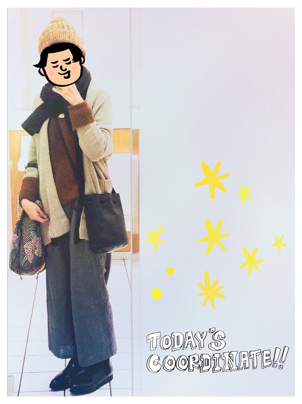 ベージュ系のカーディガン/ボレロ、ブラウン系のニット/セーター、グレー系のその他パンツを着用したレディースの秋コーディネートの1枚目の写真