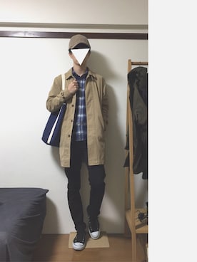 「ネルシャツ」｜「アイテム（ステンカラーコート）」を使った、aさん（メンズ・174cm）の秋コーディネート