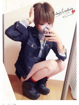 「ボーダーソックス」｜「アイテム（デニムジャケット）」を使った、akioji☺︎さん（レディース・164cm）の秋コーディネート