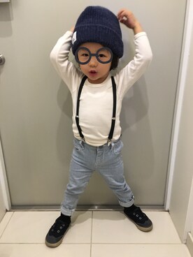 「HARE（ハレ）のアイテム（帽子）」を使った、kikiさん（キッズ・90cm）の秋コーディネート